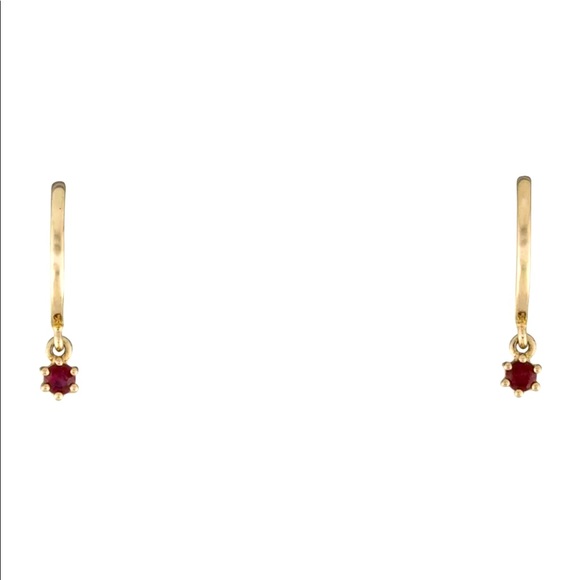 14k Gold and Ruby Huggie Hoop Drop Earrings Dangle Dainty - Picture 2 of 5